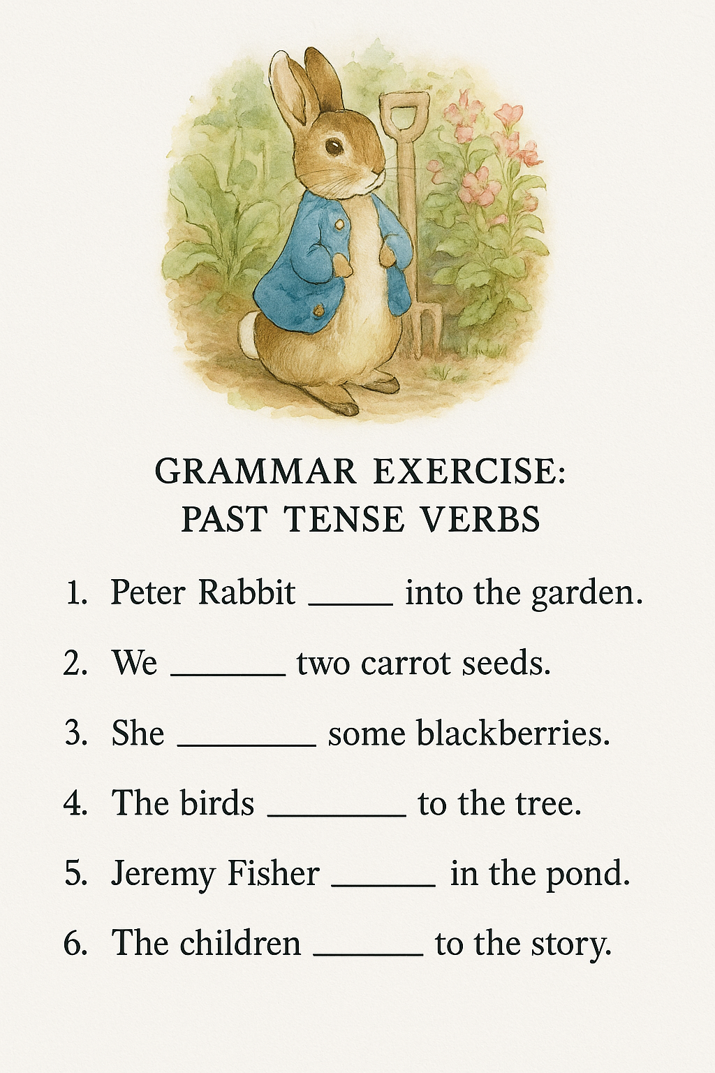Restored Peter Rabbit grammar exercise page
