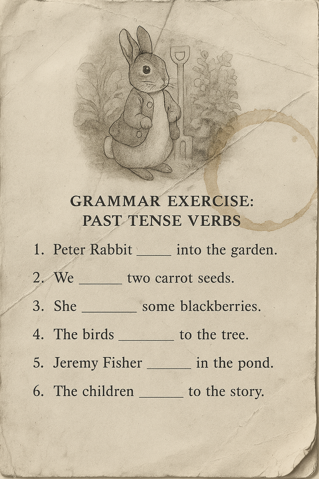Degraded Peter Rabbit grammar exercise photocopy